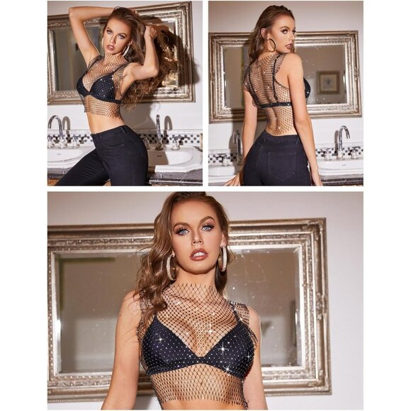🆕Women Black Polyester Glitter Tank Top Sexy Mesh Rhinestone Hollow Crop Top - Picture 4 of 8